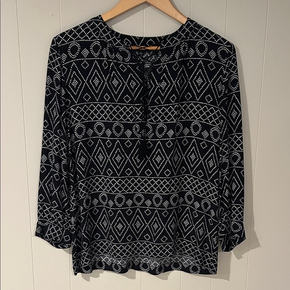 Madewell Lace-Up Boho Peasant Blouse Black White Caravan Print Small - Picture 2 of 10